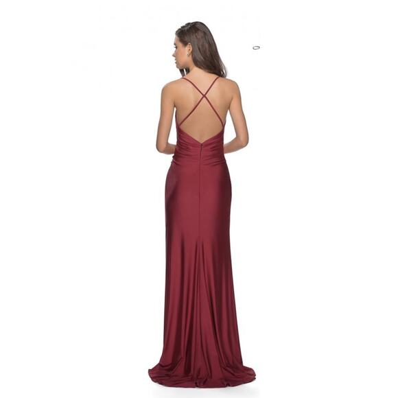 La Femme Cross Back Satin Jersey Trumpet Gown - Burgundy - 2 - Picture 7 of 7